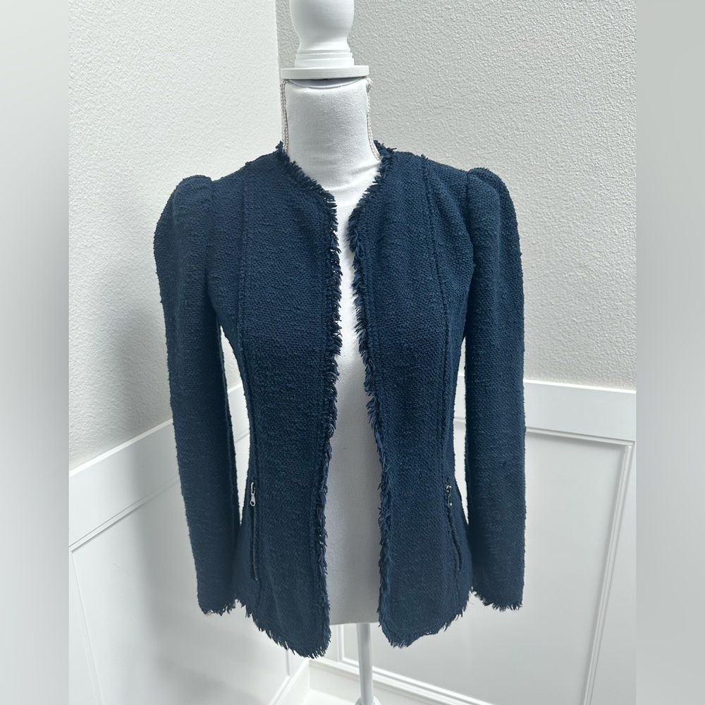 Rebecca Taylor Navy Fringe Tweed Jacket Size 0